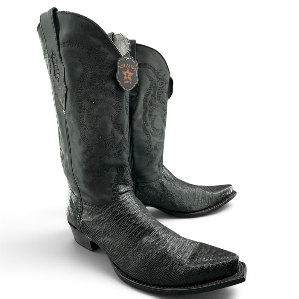 Los Altos Genuine Lizard Cowboy Boots Mens 13 EE Black Exotic Teju Snip Toe